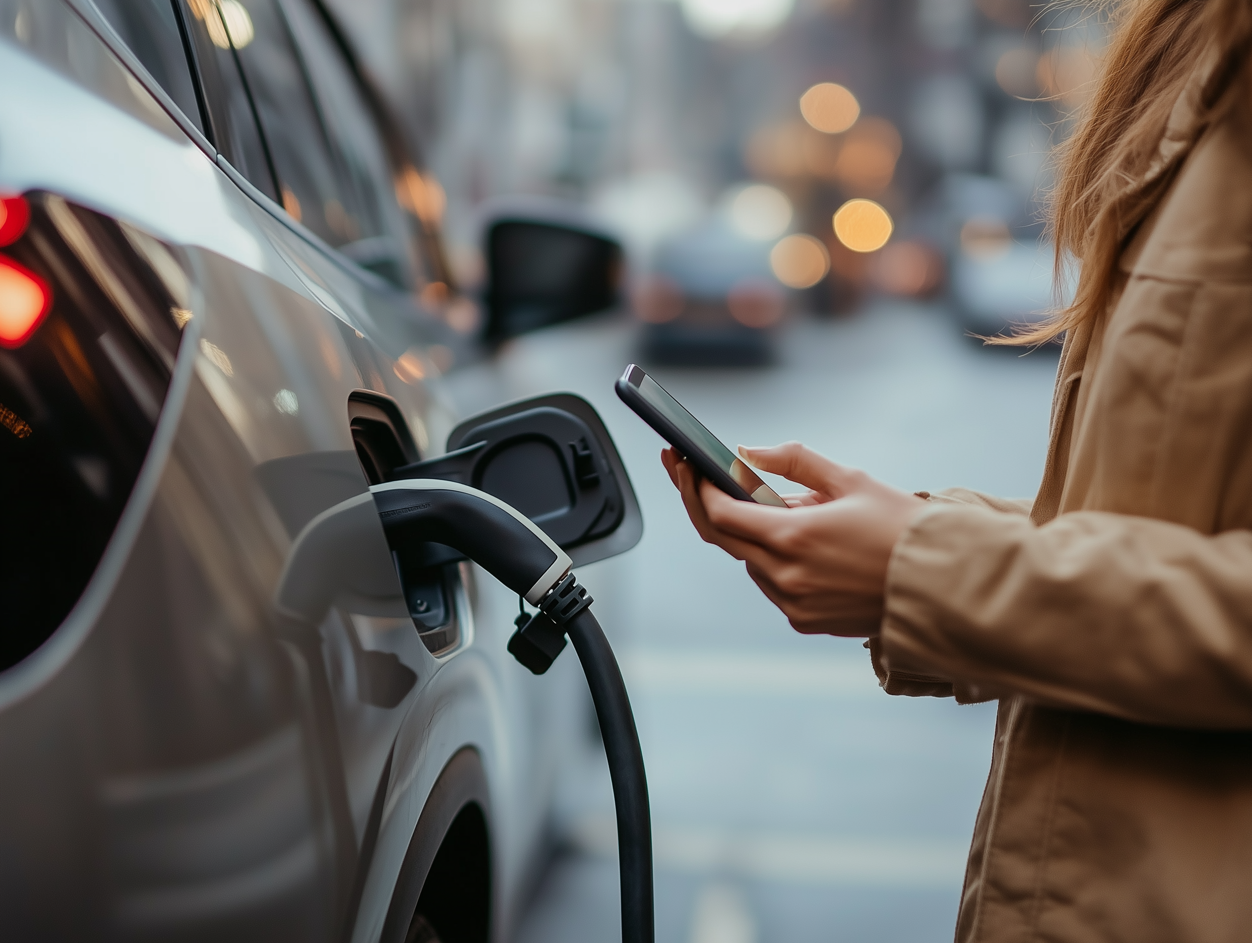 Woman using EV charging app