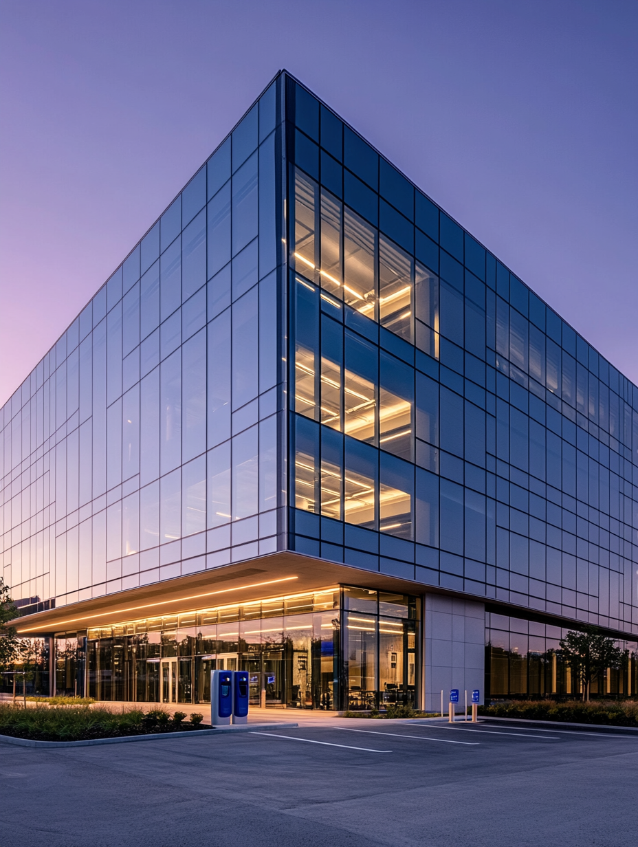 Modern commercial building at dusk with EV charging infrastructure