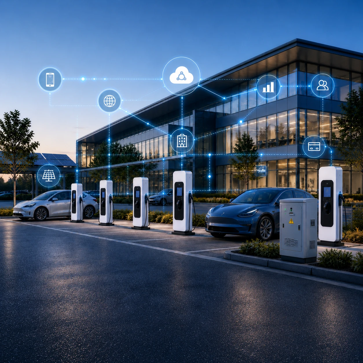 Modern commercial building at dusk with EV charging infrastructure and integration icon overlay