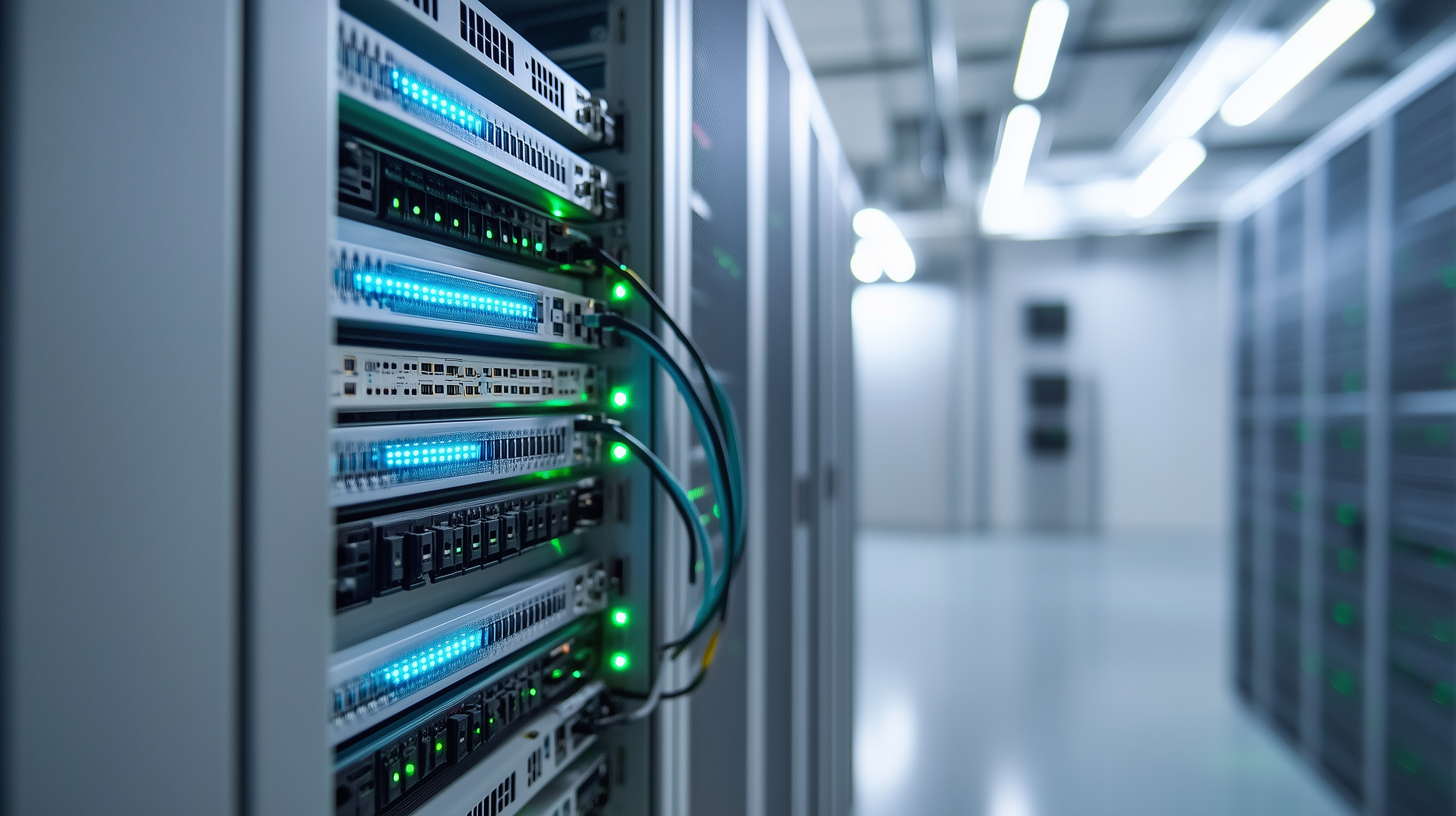 Server rack with network infrastructure and status LEDs