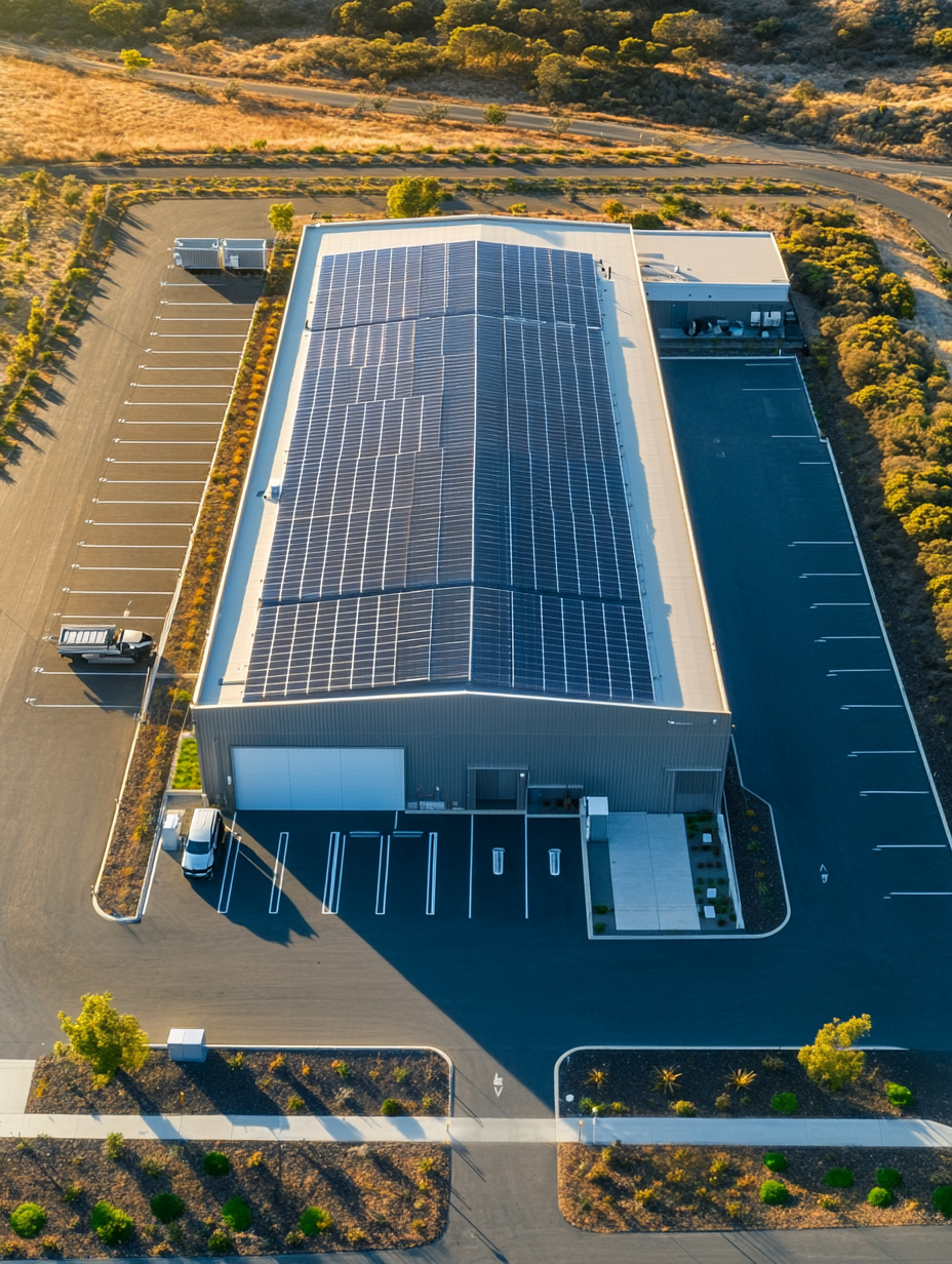 Aerial view of solar-powered facility with EV charging infrastructure