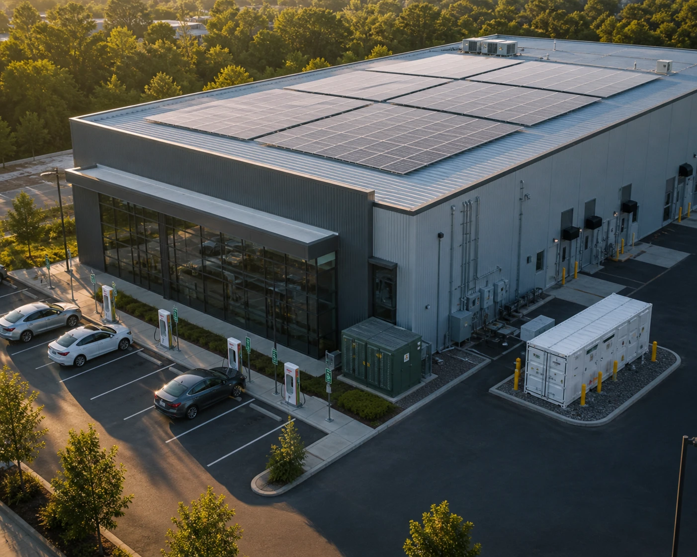 Aerial view of solar-powered facility with EV charging infrastructure