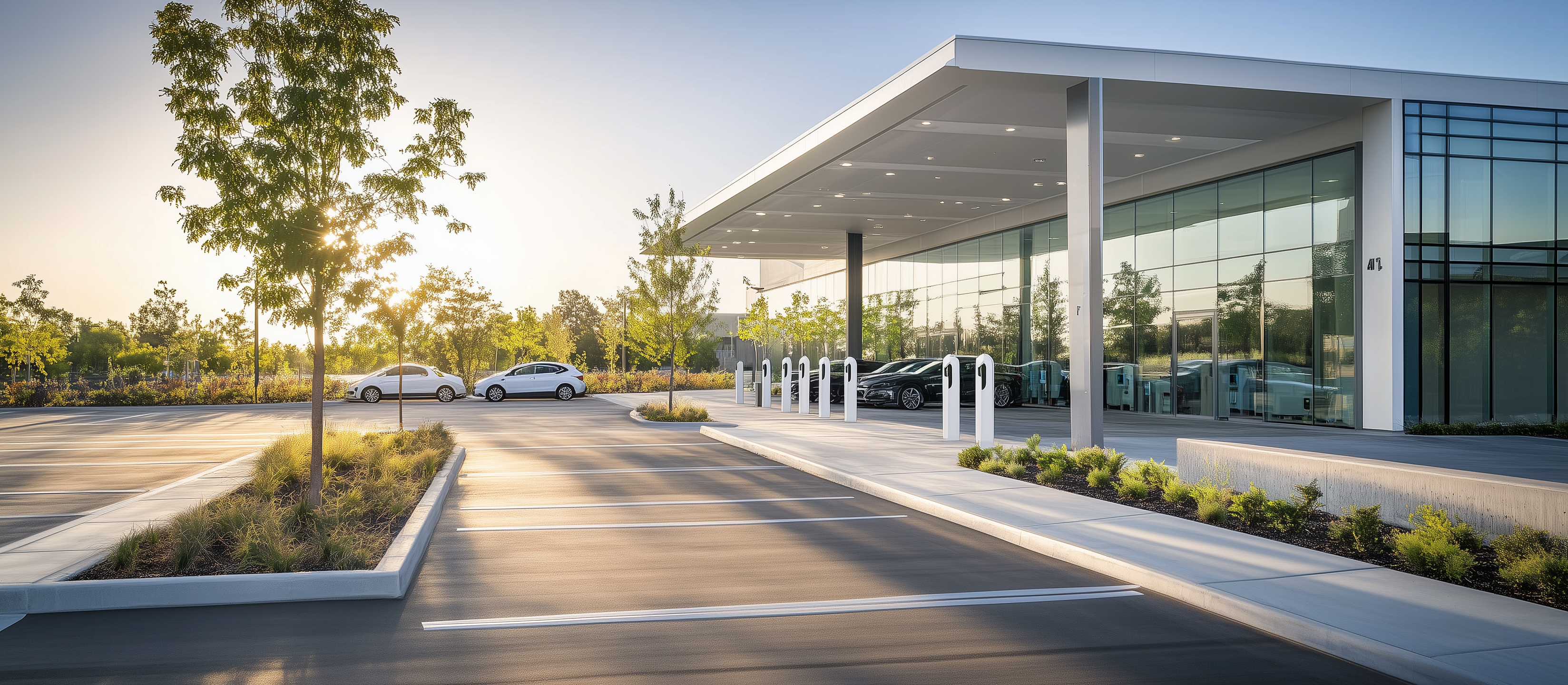 Modern commercial building complex with integrated EV charging infrastructure
