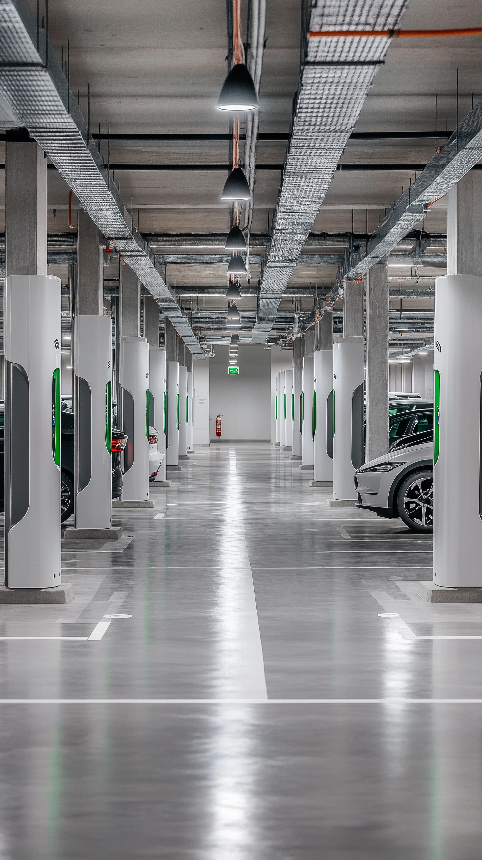 Commercial parking garage with EV charging stations